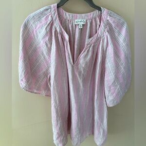 Wonderly top short sleeve pink green stripe linen lyocell size XL
